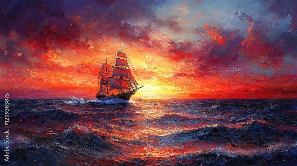 Obraz premium Dramatic sunset over ocean with sailing ship.