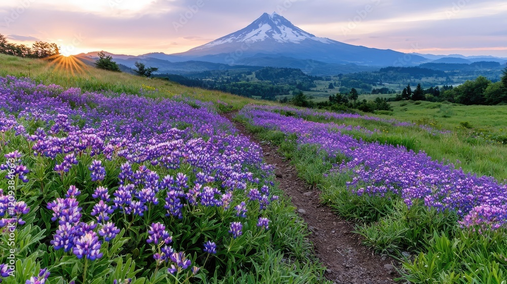 Obraz premium Purple lupine wildflowers bloom along a dirt hiking trail leading towards Mount Hood during a vibrant sunset.
