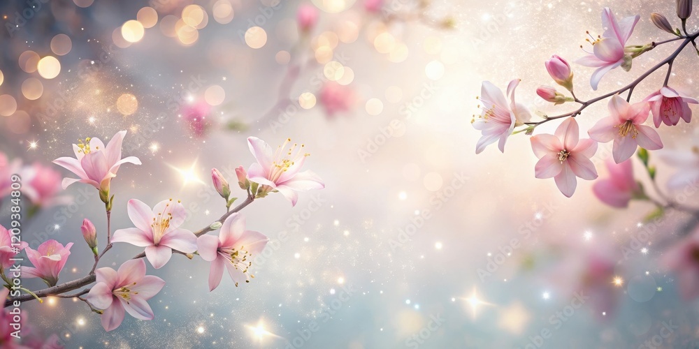 Fototapeta premium Enchanted Pink Blossoms in a Dreamlike Setting with Sparkling Lights and Soft Bokeh Background