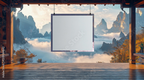 A view of Northern Thailand's mountain peaks enveloped in a sea of clouds, with a wooden terrace and open window framing the serene landscape. A solid blank white poster frame hangs in the foreground photo