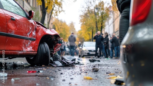 Wallpaper Mural Close-up of a red damaged car involved in an accident with debris scattered on the road and people gathered around.. Torontodigital.ca