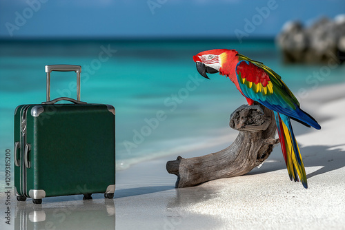 A quiet Maldives beach with powdery white sand stretching into the turquoise water. An emerald green traveler suitcase stands on the sand. photo