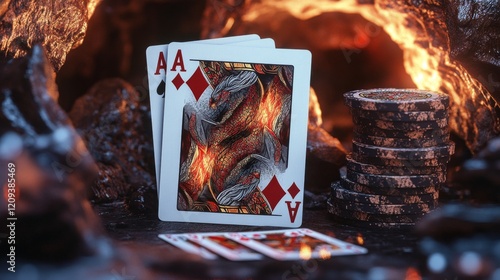 A fantasy set of poker cards with dragon and wizard artwork in a magical cave.  photo