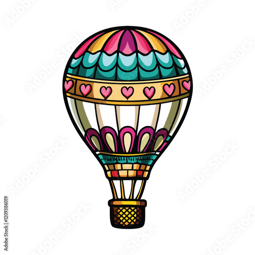 A whimsical hot air balloon with bright, vibrant colors floating against a clear blue sky.