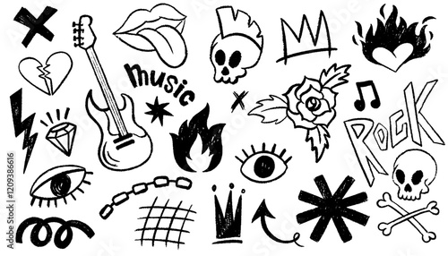 Doodle grunge rock set. Crayon brush stroke hand drawn sketch style doodle rock punk lightning tattoo, rock punk music star grunge tattoo. Scribbles, scrawls, stars, crown, curly lines, vector icon