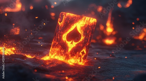 A fiery Joker card blazing in a volcanic landscape with glowing lava. photo