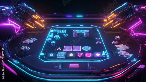 A futuristic poker table with robotic arms dealing glowing neon cards.  photo