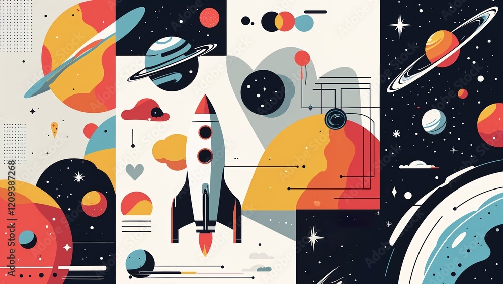 Obraz premium Abstract Space Collage with Planets Rockets and Stars in Flat Geometric Design
