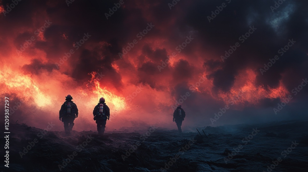 Firefighters in the smoke fighting a large fire Firefighters in the smoke fighting a large fire