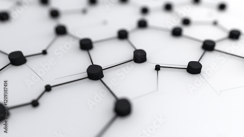 A sophisticated geometric network with black hexagonal nodes linked by elegant lines, placed on a clean white background,