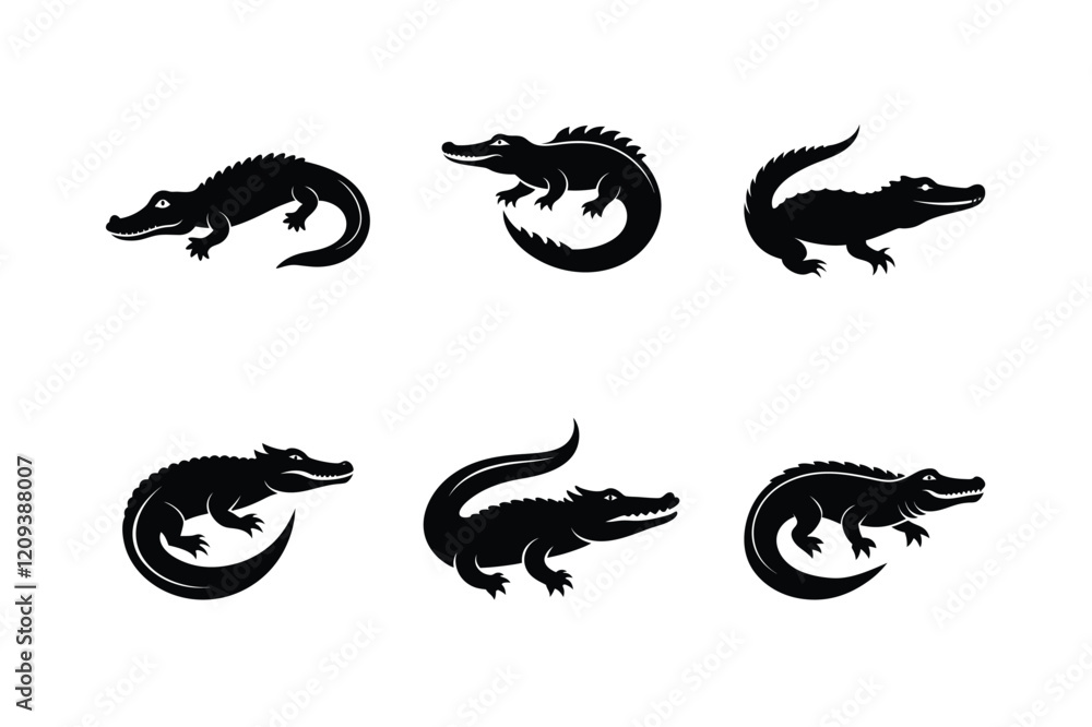 Fototapeta premium Nile Crocodile (Crocodylus niloticus) mammal animal, labeled silhouette vector art illustration.