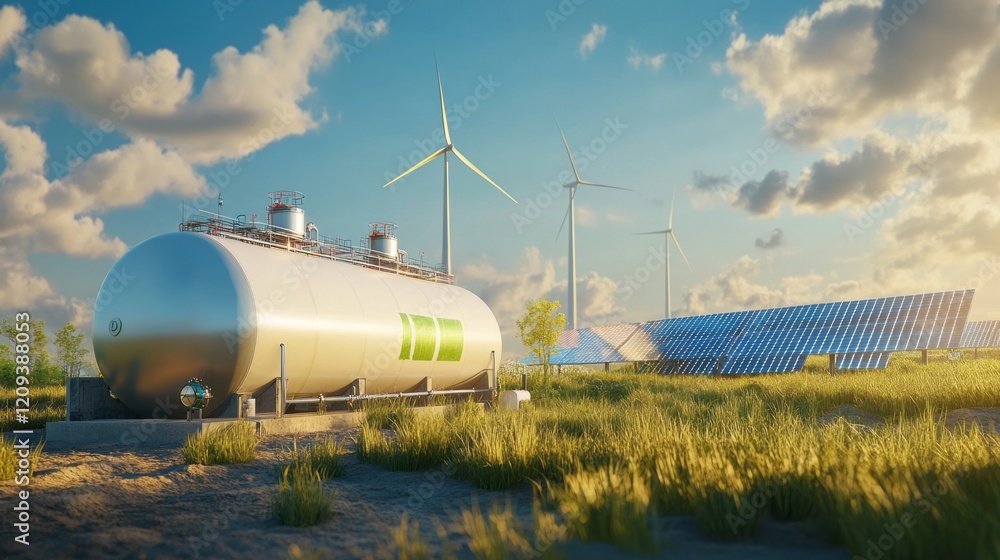 A vibrant landscape showcases wind turbines rotating gently in the breeze while solar panels absorb sunlight A vibrant landscape showcases wind turbines rotating gently in the breeze while solar panels absorb sunlight