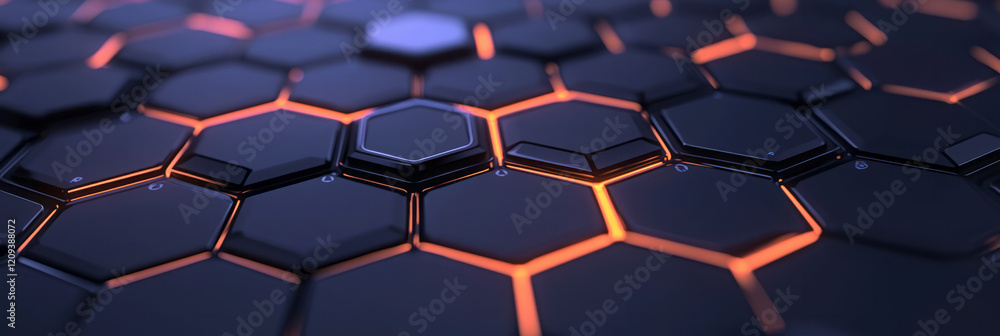 A sleek geometric network with black hexagonal nodes and luminous connecting lines, set against a futuristic dark blue background, A sleek geometric network with black hexagonal nodes and luminous connecting lines, set against a futuristic dark blue background,