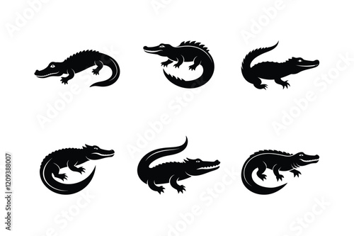 Nile Crocodile (Crocodylus niloticus) mammal animal, labeled silhouette vector art illustration.