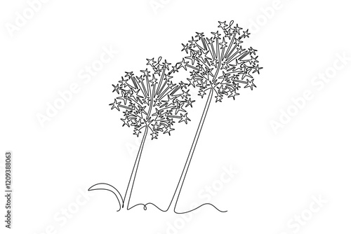 Continuous one line drawing beauty fresh allium globemaster for home art wall decor poster. Decorative giant onion flower concept for greeting card. Single line draw design vector graphic illustration
