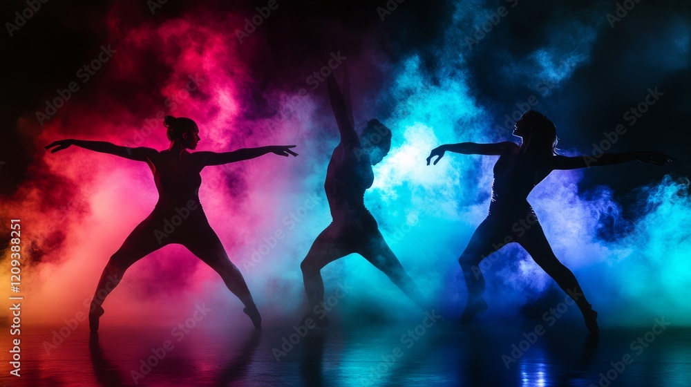 Three dancers perform striking poses in a vibrant atmosphere filled with colorful smoke. The energetic scene highlights movement and creativity in a lively setting Three dancers perform striking poses in a vibrant atmosphere filled with colorful smoke. The energetic scene highlights movement and creativity in a lively setting