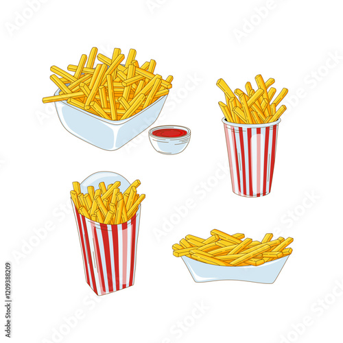 Illustrated Bowls and Boxes of French Fries with Red Sauce