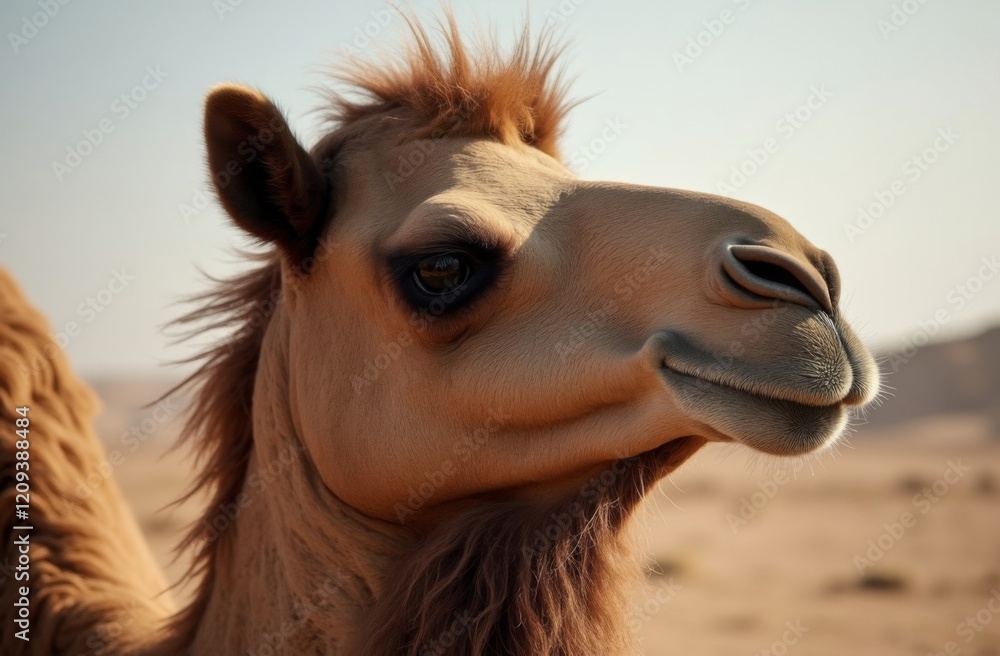 Obraz premium Close-up of a camel's head in a desert environment under a bright sunny sky, highlighting facial details and warm tones of the sand