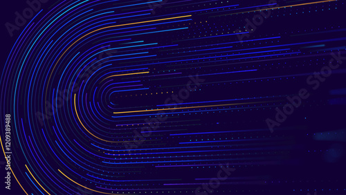 High Speed Light Particles Internet Data Background. Digital Road Fast Speed Internet Broadband Data Flow Concept. Light Arc Turn Twist Bend Effect. Vector Illustration.
