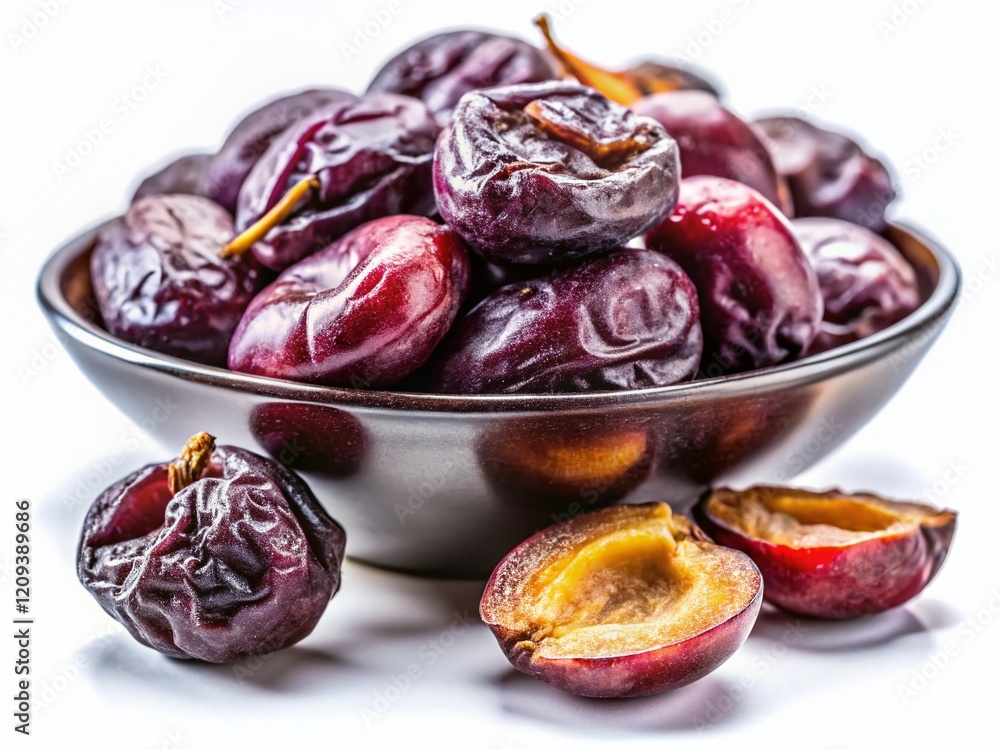 Dried Plums, Prunes, Isolated on White Background, Healthy Snack, Fruit Dried Plums, Prunes, Isolated on White Background, Healthy Snack, Fruit