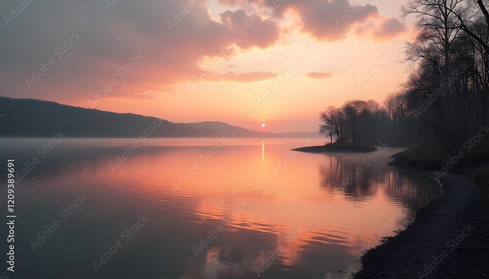 Obraz premium A breathtaking sunset over a tranquil lake, with vibrant orange and pink hues reflecting on the water. This serene landscape captures the beauty of nature, perfect for travel, relaxation, and outdoor 