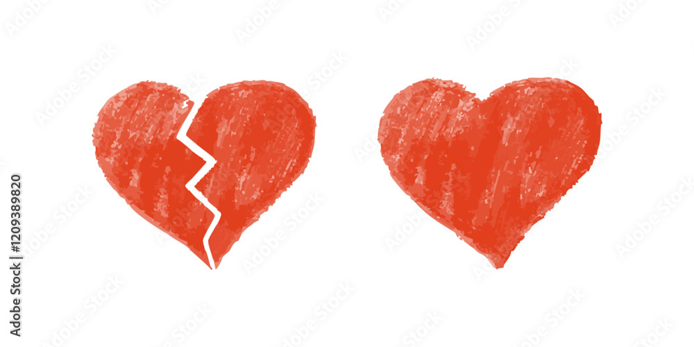 Broken and whole red crayon hearts on white background in textured style Broken and whole red crayon hearts on white background in textured style