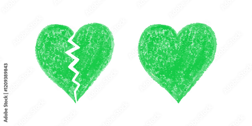 Broken and whole green crayon hearts on white background in textured style Broken and whole green crayon hearts on white background in textured style