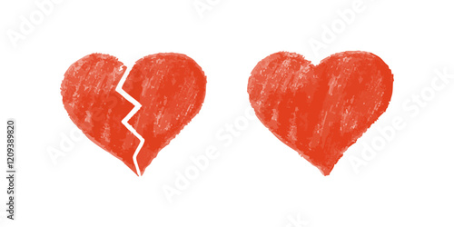 Broken and whole red crayon hearts on white background in textured style