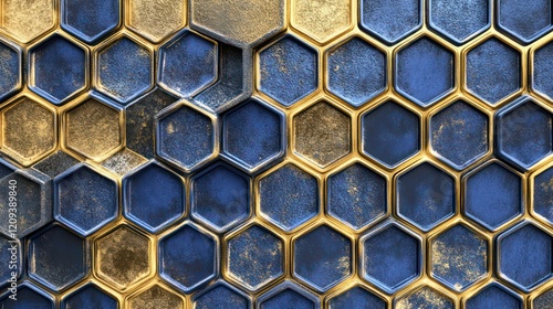 Jewel-Like Sapphire and Gold Honeycomb Design with Glittering Hexagons