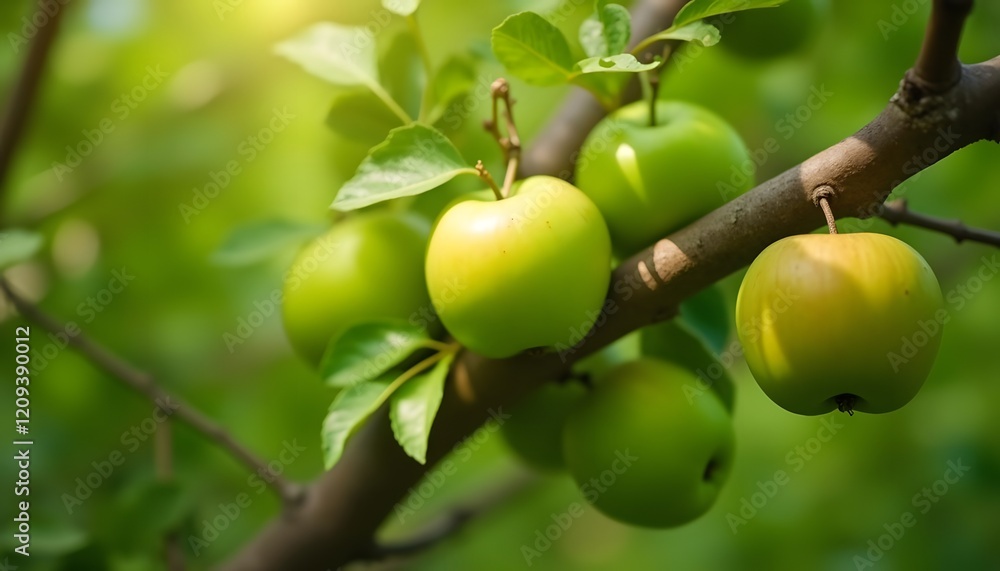 Two fresh green apples hanging from a branch, surrounded by vibrant green leaves. This close-up image captures the essence of nature and healthy living, making it perfect for food, wellness Two fresh green apples hanging from a branch, surrounded by vibrant green leaves. This close-up image captures the essence of nature and healthy living, making it perfect for food, wellness