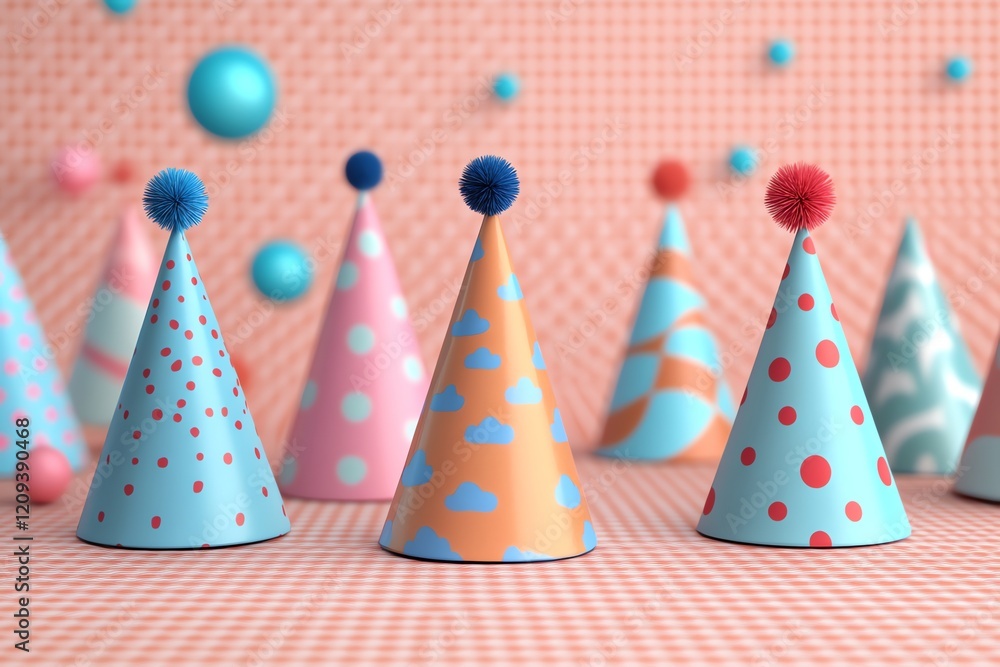 Colorful party hats with pom poms on a patterned background. Colorful party hats with pom poms on a patterned background.