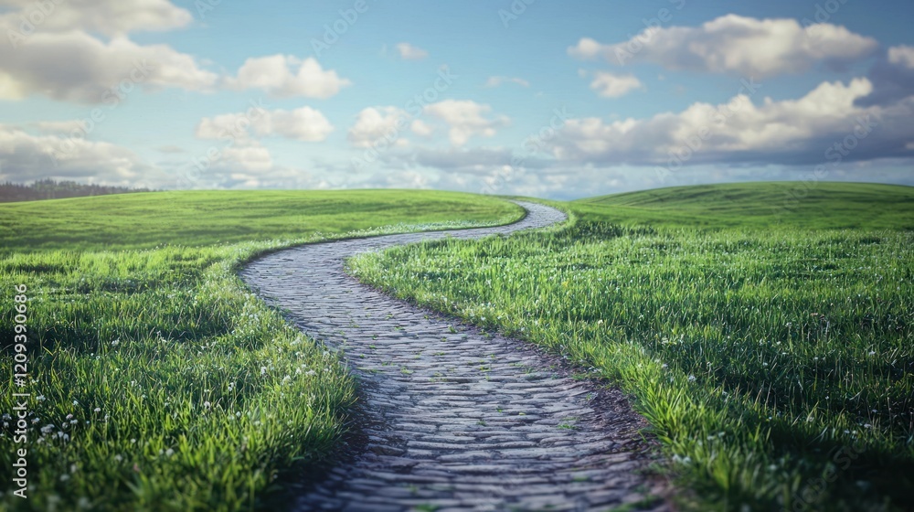 Serene Winding Path Through Verdant Meadows Under a Summer Sky Serene Winding Path Through Verdant Meadows Under a Summer Sky