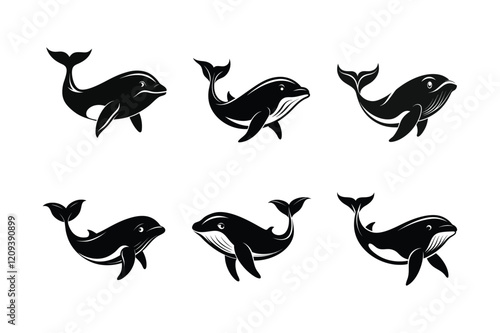 North Atlantic Right Whale (Eubalaena glacialis) mammal animal, labeled silhouette vector art illustration.
