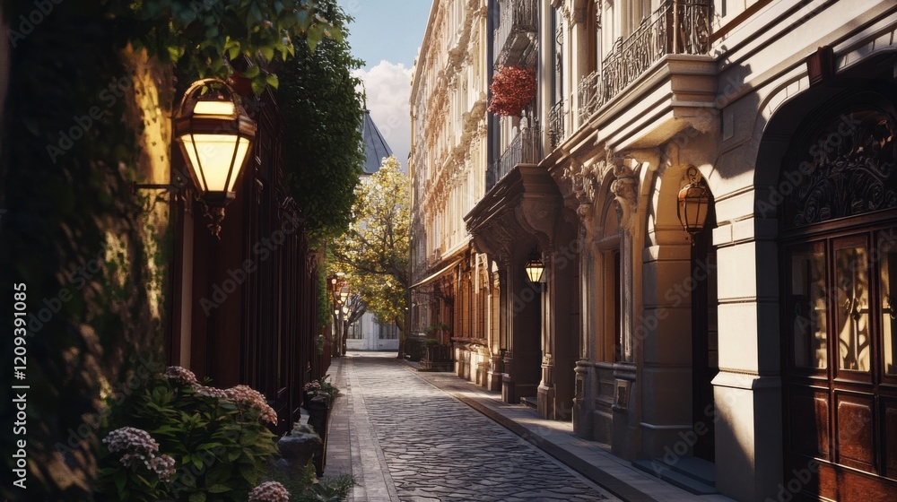 Fototapeta premium Charming alleyway illuminated by vintage lamps, featuring beautiful architecture and greenery.