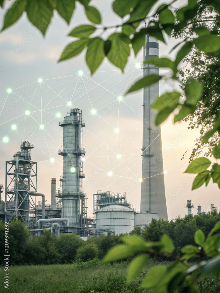 Obraz premium Industrial Factory with Greenery and Network Connectivity Concept