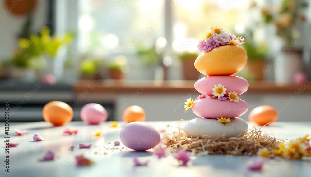 Obraz premium Pastel Easter Eggs Stacked with Flowers - Springtime Decoration