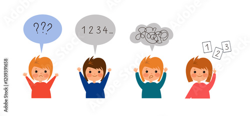 Child learns numbers. Dyscalculia and mental arithmetic concept. Learning, curiosity, and the challenges of math for young kids. Vector flat cartoon illustration for educational materials.