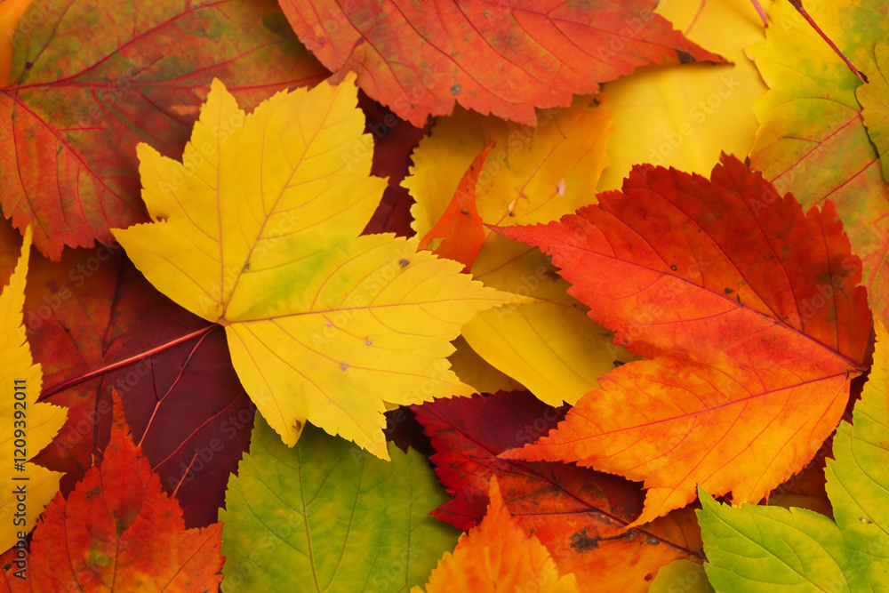 Autumn background - dried yellow, green, orange, purple and red leaves of maple, alder, sumac tree, cherry, arranged at random. View from above. Closeup Autumn background - dried yellow, green, orange, purple and red leaves of maple, alder, sumac tree, cherry, arranged at random. View from above. Closeup