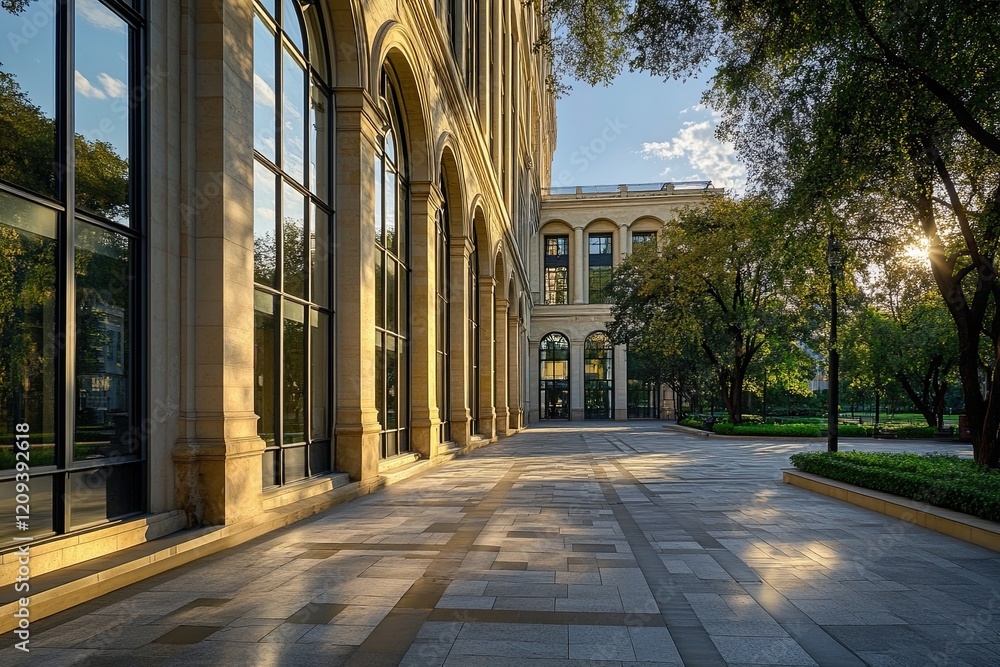 Obraz premium Sunset stroll, city building, paved path, trees