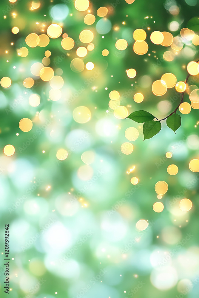 Obraz premium A festive night sky filled with golden bokeh lights against a backdrop of green trees, evoking a sense of wonder and celebration,