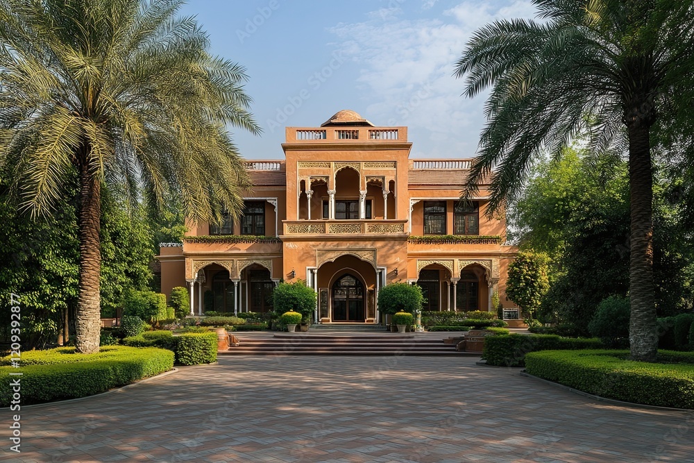 Obraz premium Tropical Mansion, Sunny Day, Lush Garden