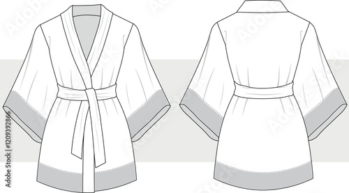 Women's dressing gown, bath robe, kimono flat sketch vector illustration technical cad drawing template, mockup.