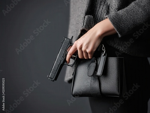 A hand holds a handgun discreetly from a stylish black handbag, set against a muted background, illustrating a blend of fashion and self-defense. photo