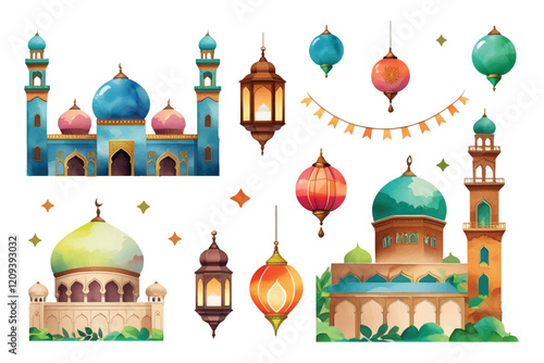 Cute and Colorful Mosque Watercolor Illustration Collection