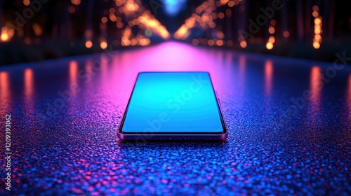 Vibrant Smartphone on Reflective Surface Surrounded by Neon Lights Creating a Futuristic and Artistic Atmosphere for Modern Technology Concepts