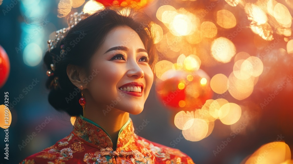 Happy Asian woman in cheongsam enjoying Chinese New Year celebration Happy Asian woman in cheongsam enjoying Chinese New Year celebration