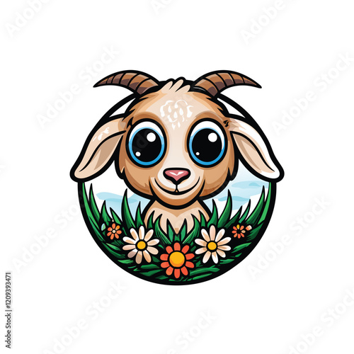 Design a charming and cute goat mascot with a friendly expression. Include playful elements like a flower crown or a colorful scarf.