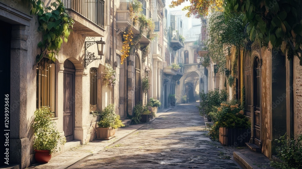 Charming cobblestone street lined with lush greenery and historic architecture. Charming cobblestone street lined with lush greenery and historic architecture.