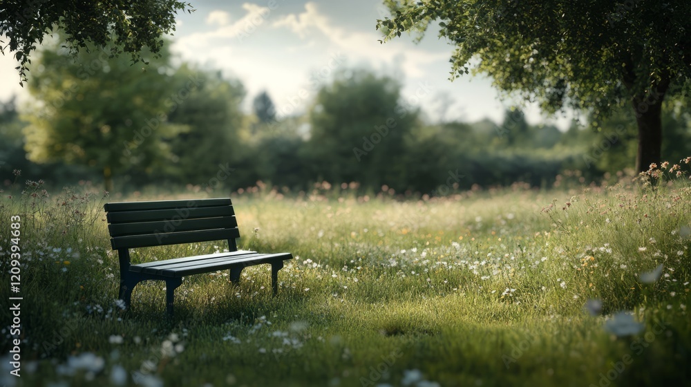 A tranquil park bench sits in a lush green field filled with colorful wildflowers under a gentle sunset. The scene evokes a sense of peace and solitude in nature A tranquil park bench sits in a lush green field filled with colorful wildflowers under a gentle sunset. The scene evokes a sense of peace and solitude in nature