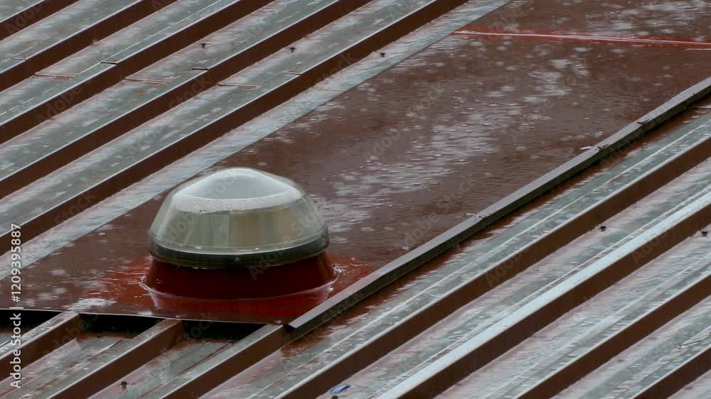 Torrential rain on the roof of a factory. 4K resolution.
View of the roof with a wet skylight and shiny from the reflection of the water, creating a visual pattern with contrast.